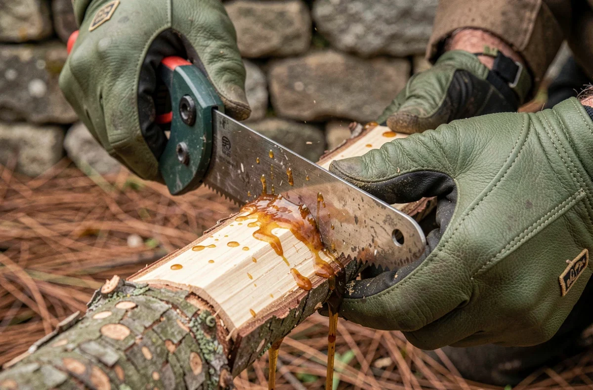 Gros plan sur les mains gantées d'un élagueur en plein travail de taille sur une branche de pin en Ariège avec résine visible