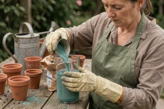 Jardinière dosant de la bouillie bordelaise dans un verre doseur d'un litre sur une table de rempotage en bois