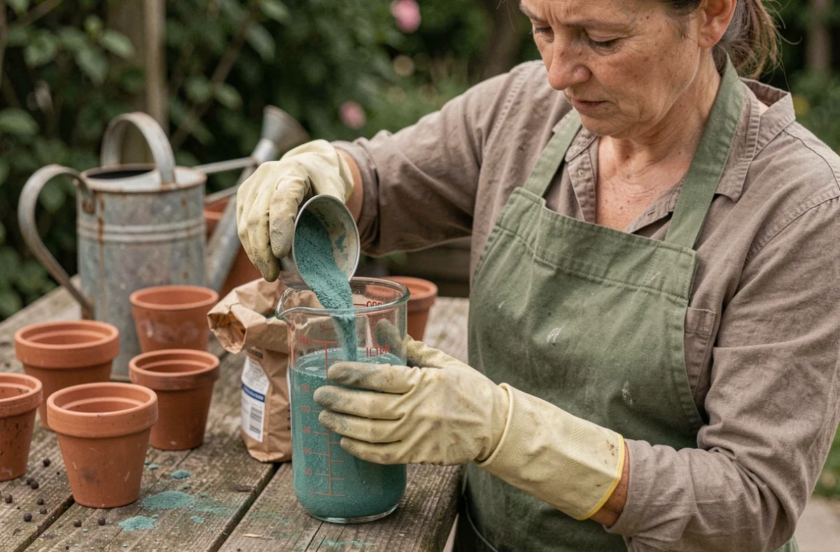 Jardinière dosant de la bouillie bordelaise dans un verre doseur d'un litre sur une table de rempotage en bois