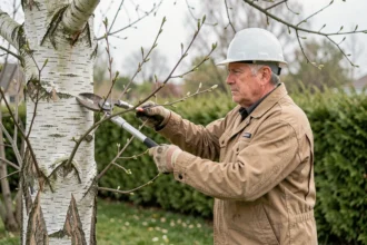 Arboriste en train d'élaguer les branches basses d'un bouleau dans un jardin résidentiel au printemps