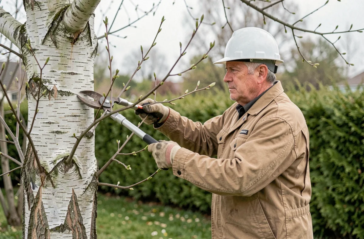 Arboriste en train d'élaguer les branches basses d'un bouleau dans un jardin résidentiel au printemps