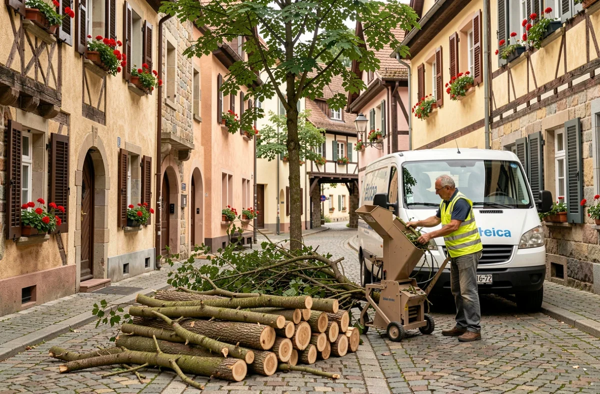Travaux d'élagage urbain dans une rue pavée d'une ville alsacienne du Haut-Rhin avec un ouvrier et une déchiqueteuse de branches