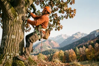 Élagueur professionnel en harnais de sécurité grimpant dans un chêne en Ariège avec les collines pyrénéennes en arrière-plan