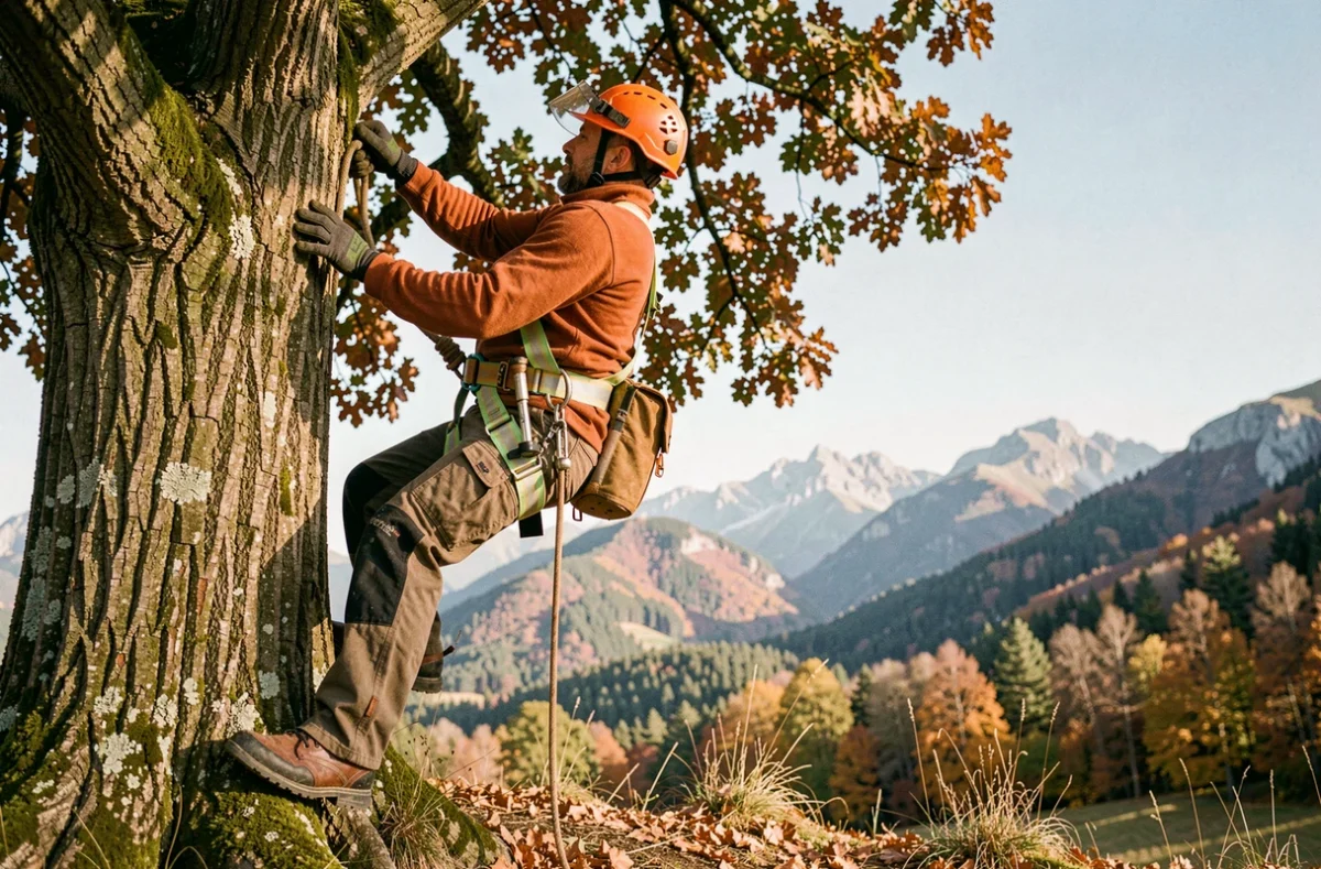 Élagueur professionnel en harnais de sécurité grimpant dans un chêne en Ariège avec les collines pyrénéennes en arrière-plan