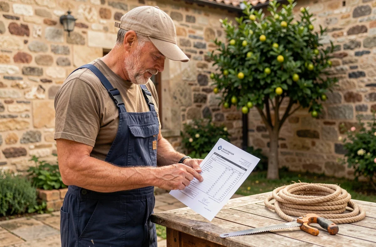 Élagueur senior examinant une facture détaillée pour des travaux d'élagage dans une cour en pierre à Sarlat