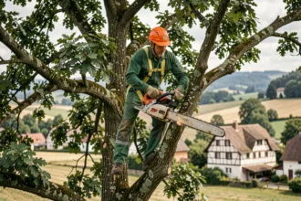 Élagueur professionnel en tenue de sécurité taillant un chêne dans un paysage rural du Haut-Rhin avec des maisons alsaciennes en arrière-plan