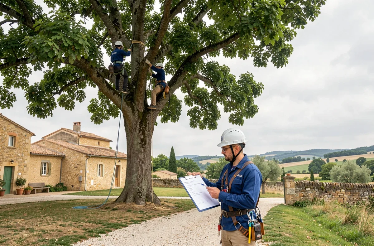 Deux élagueurs travaillant sur un noyer dans une propriété rurale près de Sarlat avec devis en main