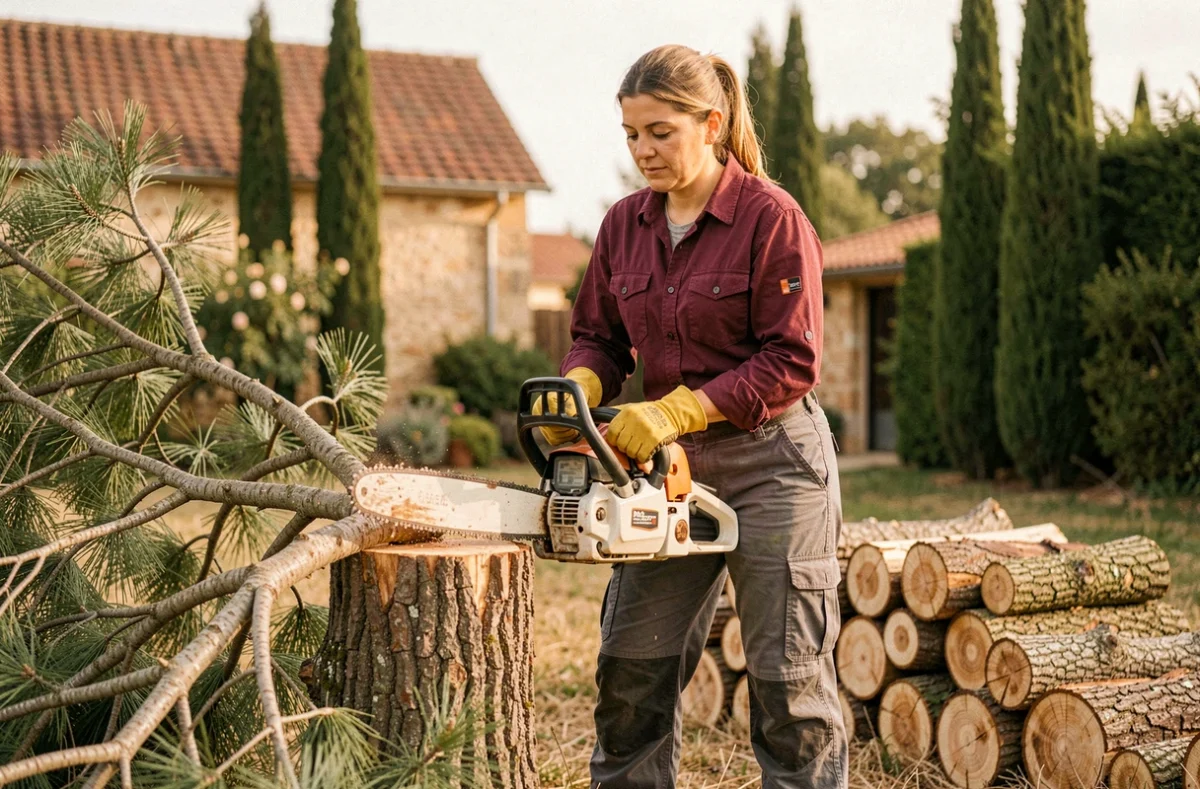 Élagueuse professionnelle coupant des branches de pin avec une tronçonneuse dans un jardin de la Dordogne