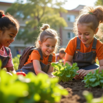 Groupe d'enfants en jardinage avec leur professeur dans la cour scolaire