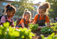 Groupe d'enfants en jardinage avec leur professeur dans la cour scolaire