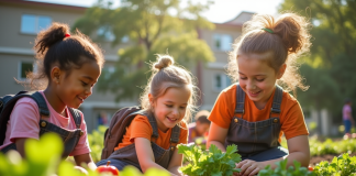 Groupe d'enfants en jardinage avec leur professeur dans la cour scolaire