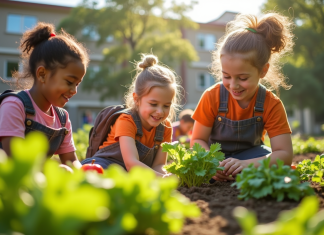 Groupe d'enfants en jardinage avec leur professeur dans la cour scolaire