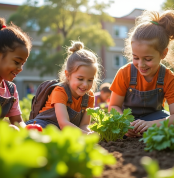 Groupe d'enfants en jardinage avec leur professeur dans la cour scolaire