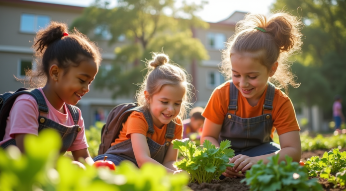 Groupe d'enfants en jardinage avec leur professeur dans la cour scolaire