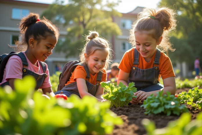 enfants-jardinage-ecole Groupe d'enfants en jardinage avec leur professeur dans la cour scolaire