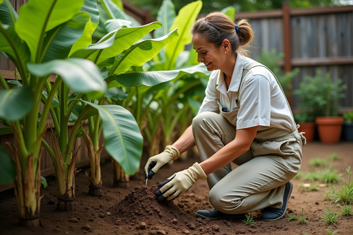 Femme apportant du compost au pied d'un bananier en pleine terre pour favoriser la croissance des feuilles