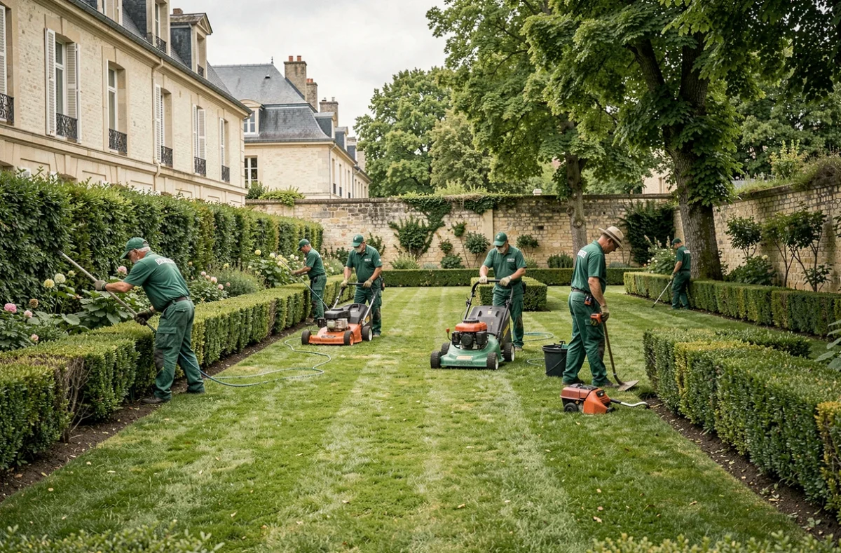 Équipe professionnelle d'entretien de jardin travaillant dans un jardin résidentiel des Hauts-de-Seine