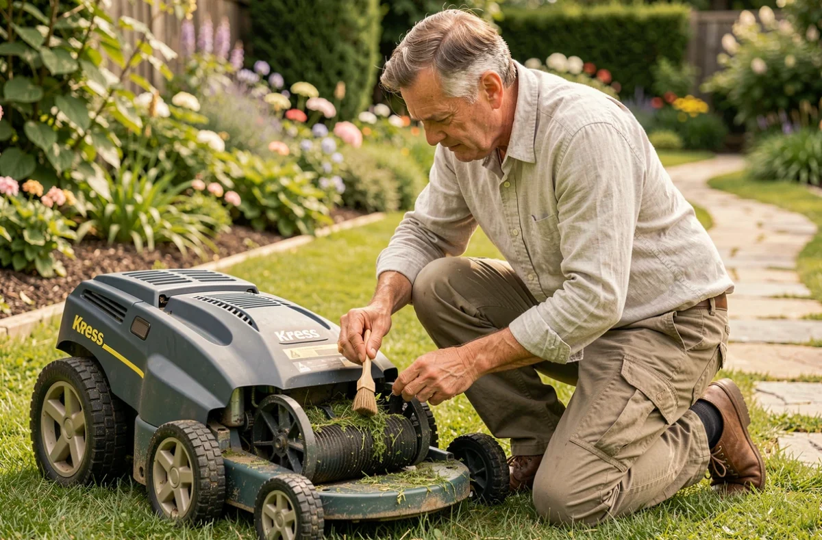 Homme inspectant et entretenant un robot tondeuse Kress dans un grand jardin résidentiel soigné