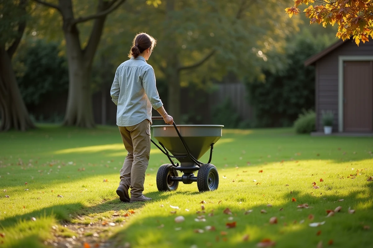 Femme utilisant un épandeur à gazon pour traitement sélectif en automne dans un grand jardin