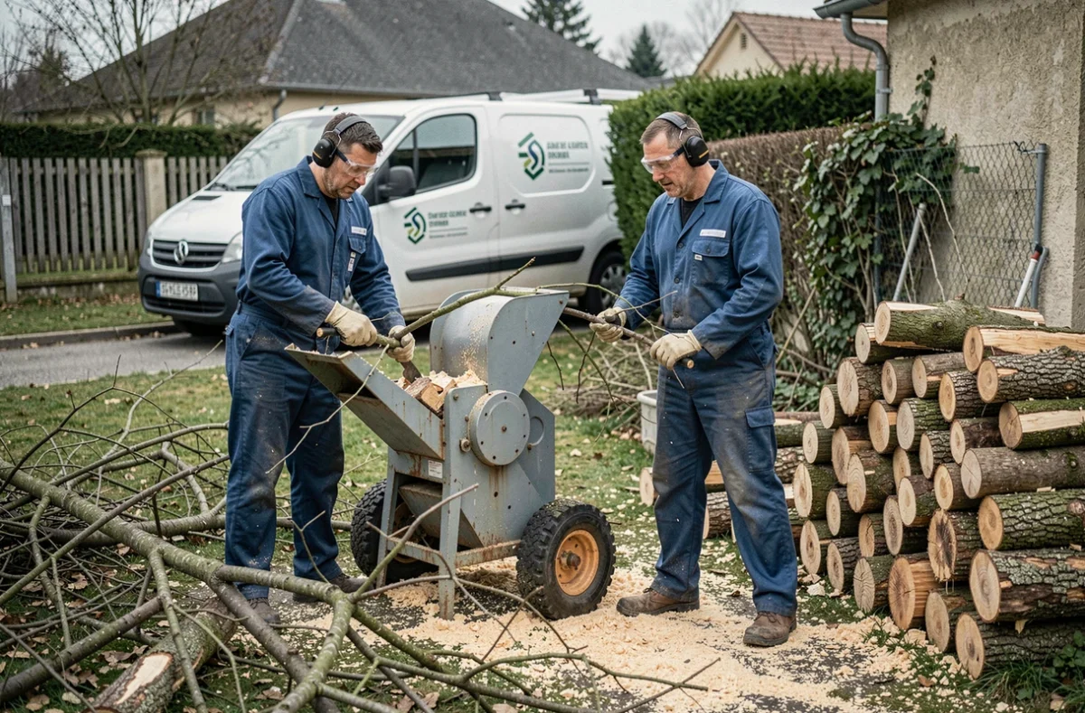 Équipe d'élagueurs au sol utilisant un broyeur de branches dans un jardin à Foix en Ariège lors d'une intervention professionnelle