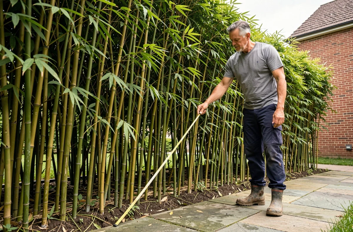 Homme mesurant l'espacement entre bambous non traçants pour éviter les erreurs de plantation