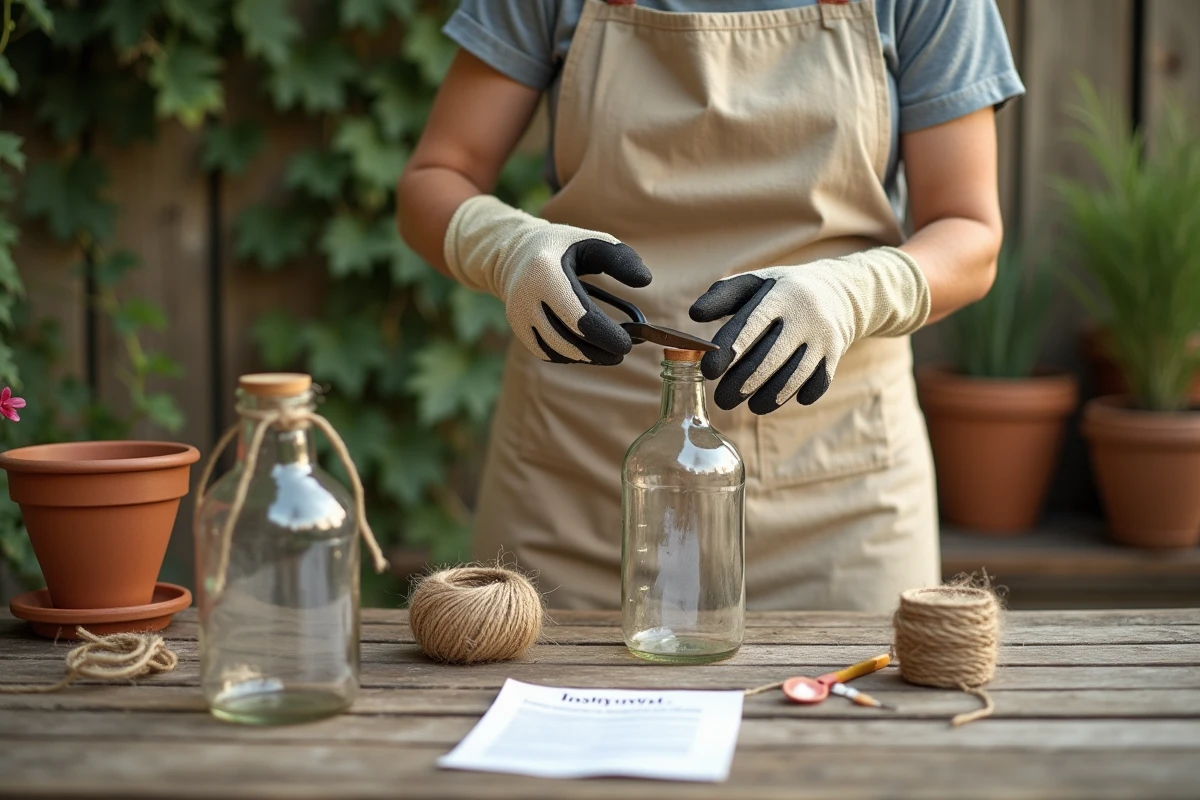 Femme assemblant un piège à guêpes maison sur une table de jardin en bois avec des matériaux recyclés