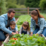 Surface potager : quelle superficie pour nourrir 4 personnes ? Famille de quatre cultivant un potager en extérieur