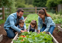Famille de quatre cultivant un potager en extérieur