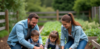 Surface potager : quelle superficie pour nourrir 4 personnes ? Famille de quatre cultivant un potager en extérieur