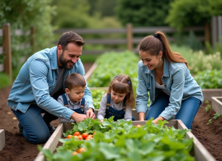 Famille de quatre cultivant un potager en extérieur