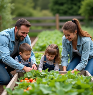 Famille de quatre cultivant un potager en extérieur