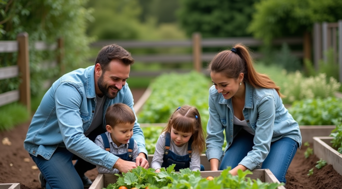 Surface potager : quelle superficie pour nourrir 4 personnes ? Famille de quatre cultivant un potager en extérieur