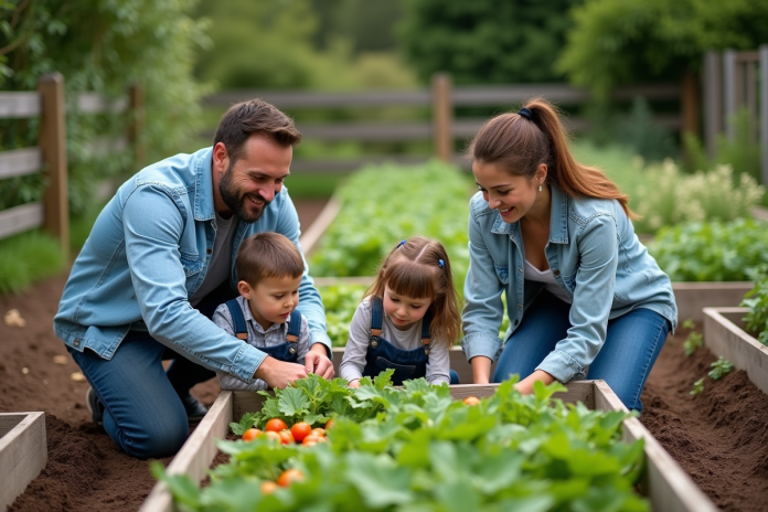Famille de quatre cultivant un potager en extérieur