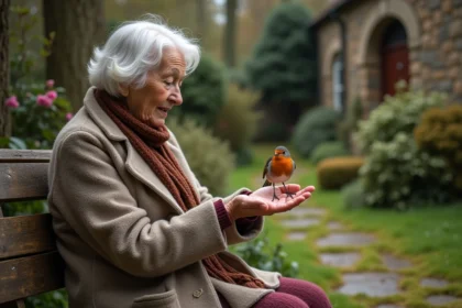 Femme âgée dans un jardin avec un rouge-gorge sur la main