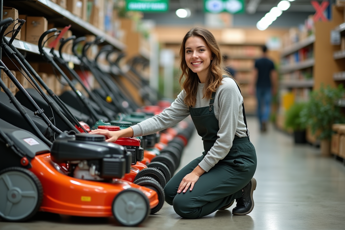 Jeune femme inspectant une tondeuse en magasin