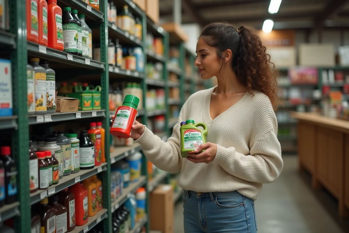 Femme comparant deux herbicides en magasin