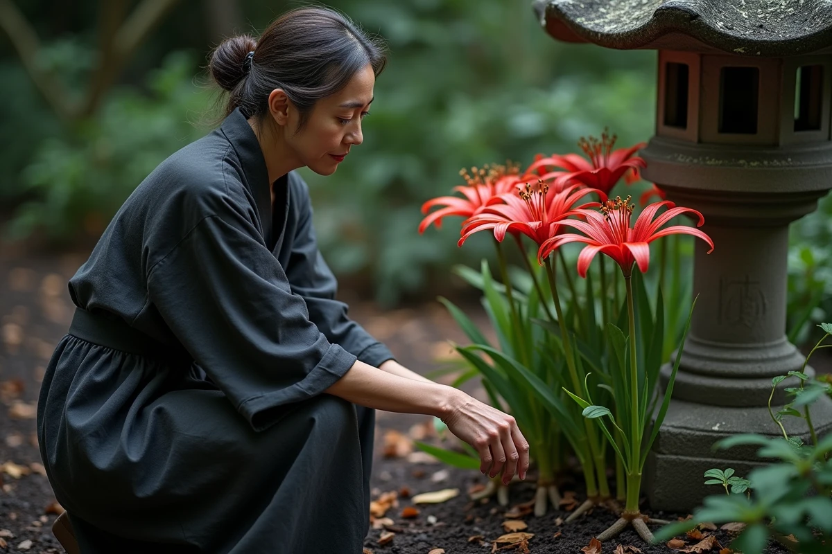 Femme contemplant des fleurs de Lycoris radiata dans un jardin ombragé avec une lanterne en pierre, évoquant la signification funéraire de la plante