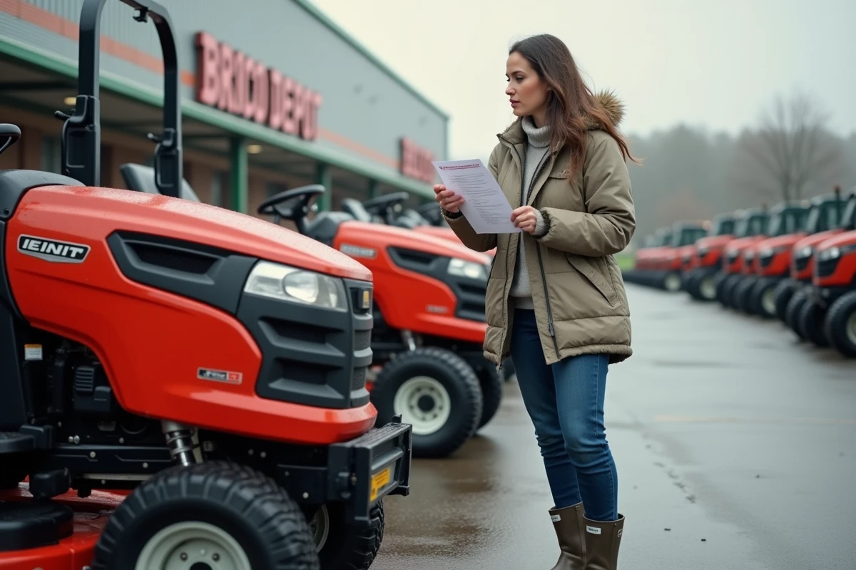 Femme vérifiant une tondeuse à côté d