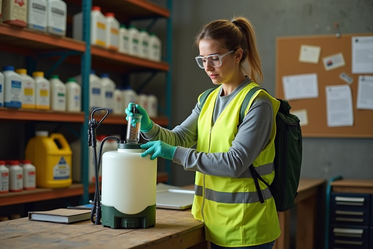 Femme mesurant et versant un herbicide glyphosate concentré dans un pulvérisateur dorsal dans une réserve agricole