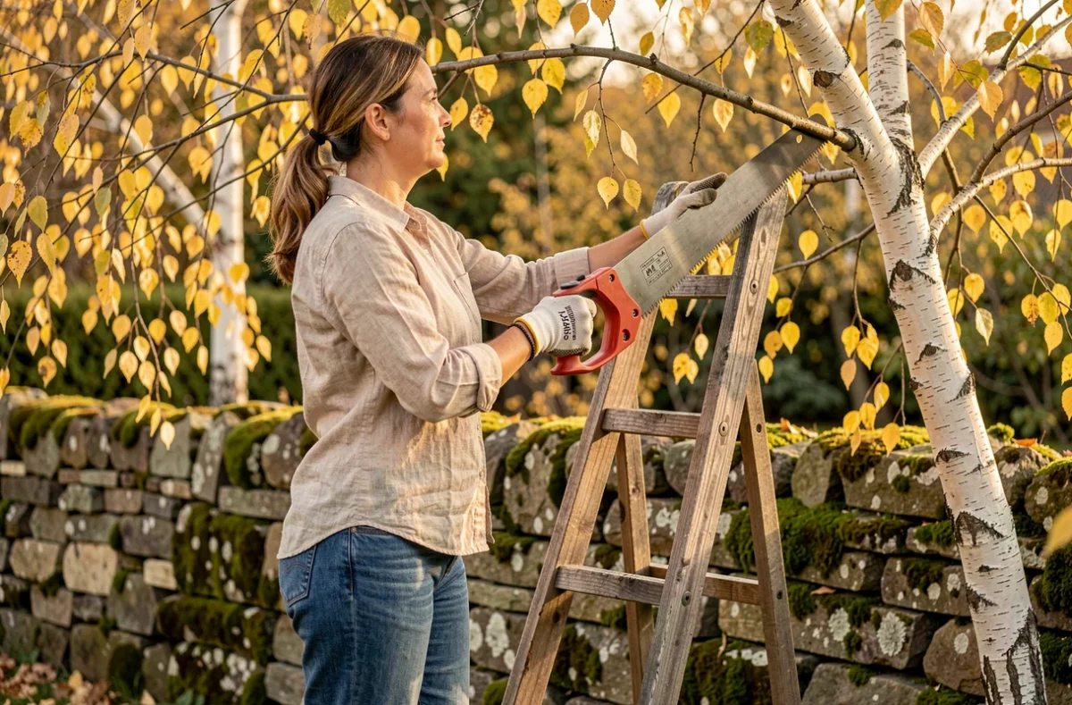 Femme sur un escabeau en train de scier une branche de bouleau dans un jardin en automne avec des feuilles dorées