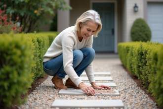Femme examinant un chemin en gravier dans son jardin