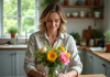 Fleurs coupées : Cultiver, entretenir et prolonger leur vie Femme arrangeant des fleurs fraîches dans une cuisine lumineuse