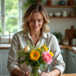 Fleurs coupées : Cultiver, entretenir et prolonger leur vie Femme arrangeant des fleurs fraîches dans une cuisine lumineuse