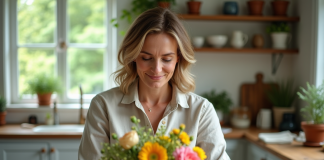 Femme arrangeant des fleurs fraîches dans une cuisine lumineuse