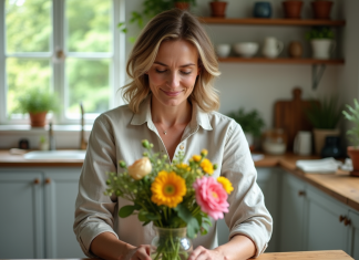 Fleurs coupées : Cultiver, entretenir et prolonger leur vie Femme arrangeant des fleurs fraîches dans une cuisine lumineuse
