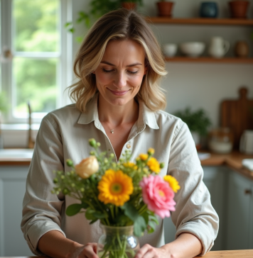 Fleurs coupées : Cultiver, entretenir et prolonger leur vie Femme arrangeant des fleurs fraîches dans une cuisine lumineuse