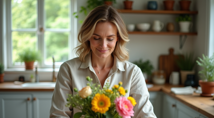 Fleurs coupées : Cultiver, entretenir et prolonger leur vie Femme arrangeant des fleurs fraîches dans une cuisine lumineuse