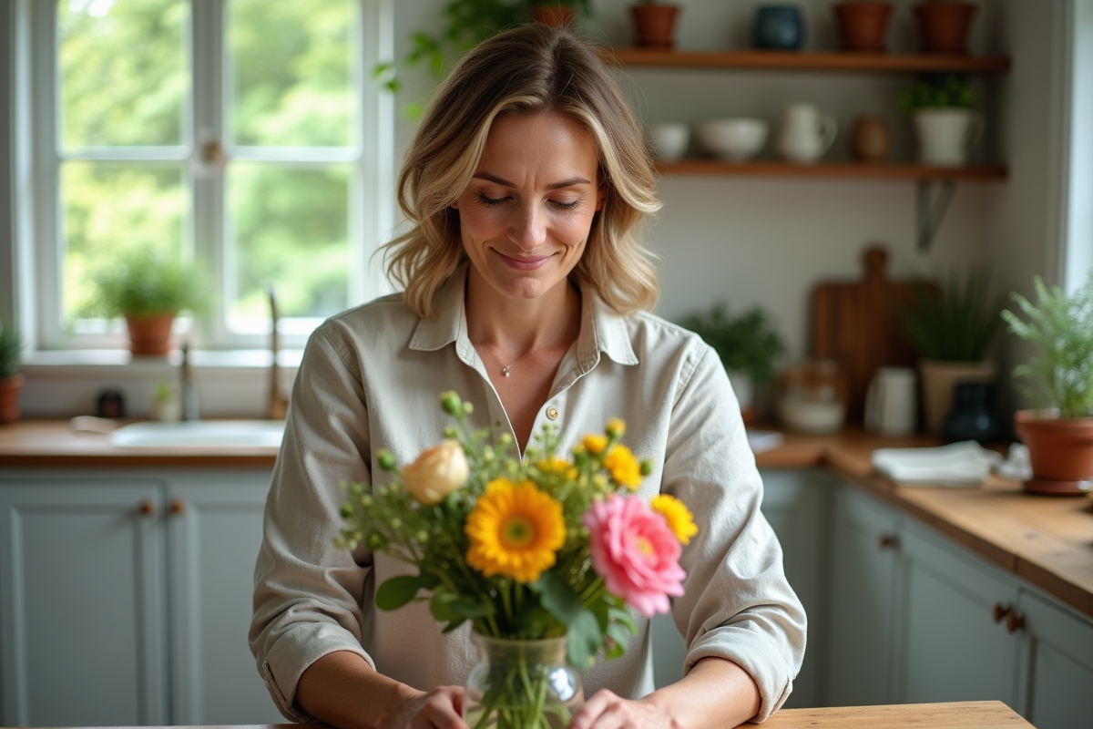 Femme arrangeant des fleurs fraîches dans une cuisine lumineuse