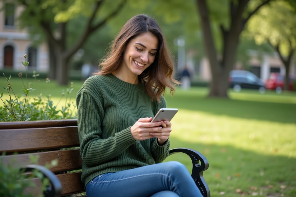 Femme souriante installant l'application PlantNet sur son téléphone dans un parc