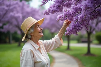 Femme âgée touchant les fleurs de jacaranda en pleine floraison